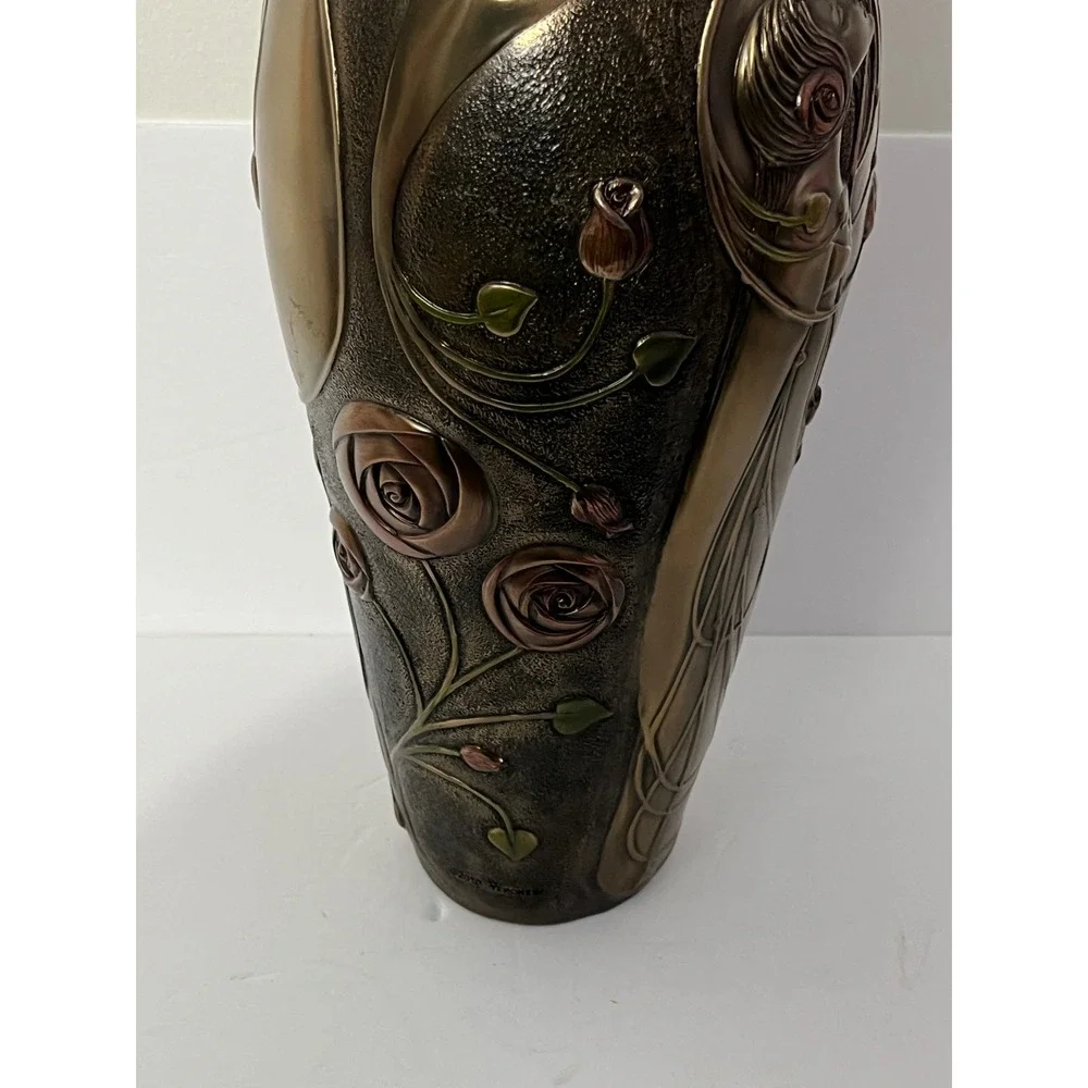 Veronese Design Art‎ Nouveau Vase Vintage Bronze Finish Woman Rose Relief 13.5in